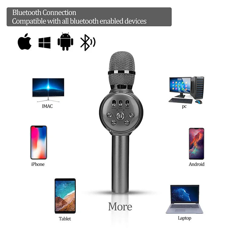 Беспроводной микрофон для караоке с поддержкой Bluetooth, 3-в-1 Портативный караоке микрофона караоке-плеер Многофункциональный светодиодный светильник