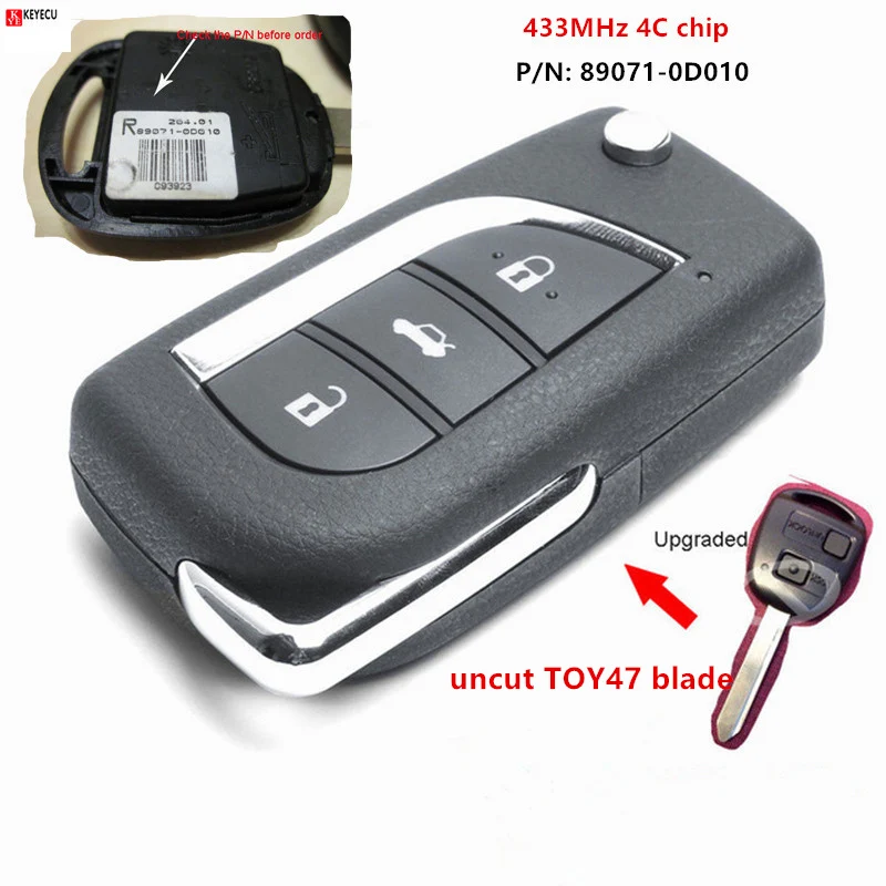 Брелок Keyecu для Toyota Yaris Avensis Corolla Carina P/N: 89071 0D010 с лезвием Uncut TOY47 обновленный чип 433