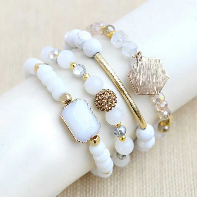 BOJIU белый кристалл Howlite женские браслеты простой Ag. Камень Шамбала Шарм браслет ювелирные изделия мода бисера браслеты Набор BCSET119
