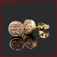 borosa 8mm gold color round rose golden natural crystal druzy stud earrings drusy geode earring for women fashion earrings 198 5