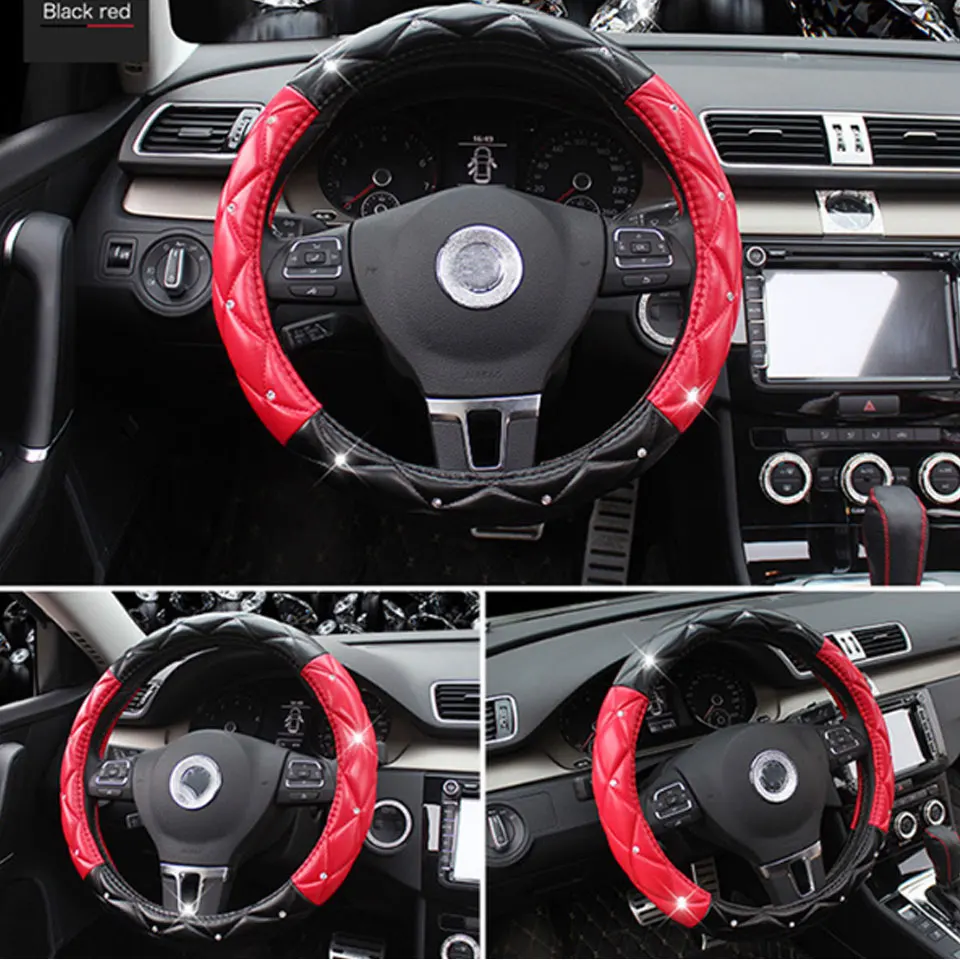 Black Red 15 цветов, Алмазная крышка рулевого колеса для автомобиля, блестящая бархатная Нескользящая защитная подушка для колес - Название цвета: Black Red