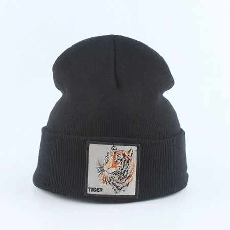 tiger black Новая модная мужская шапка с вышивкой в виде животного волка, зимние шапки, вязаные шапки для мужчин, уличная одежда в стиле хип-хоп, шапка Skullies - Цвет: tiger black