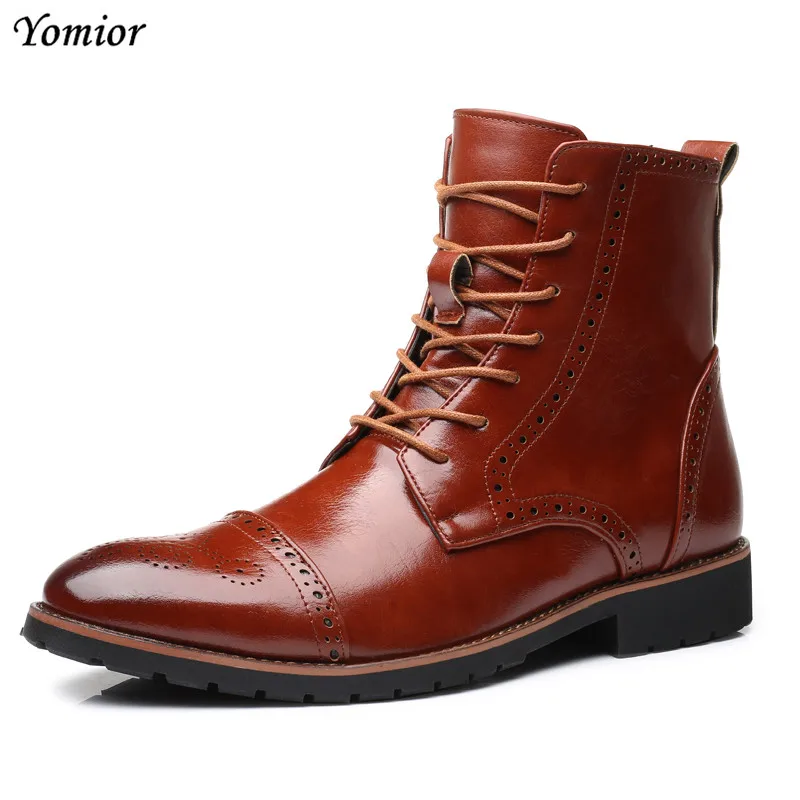 

Yomior Man Leather Boots Winter High Quality Split Leather Ankle Boots Lace-Up England Brogue Formal Work Motorcycle Boots