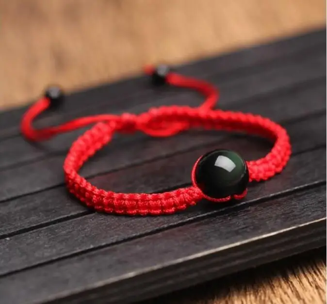 Модный Красный веревочный браслет с черным обсидианом радужные бусины для глаз