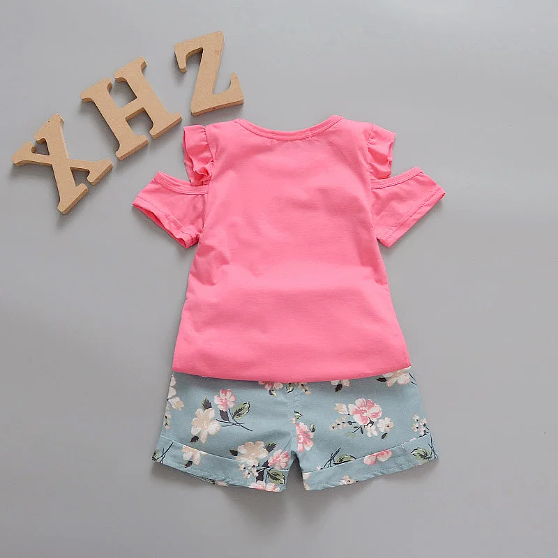 Одежда для маленьких девочек летняя футболка с открытыми плечами + шорты