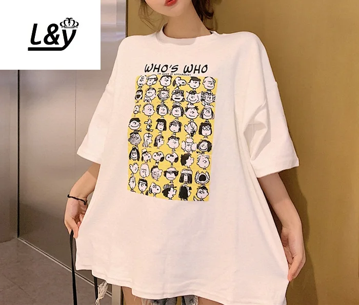 L & Y/женская футболка большого размера с мультяшным принтом Vestido Модный пуловер