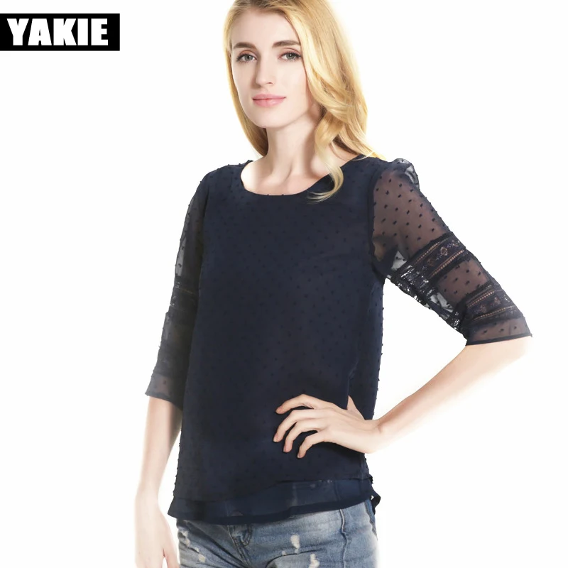 Женская шифоновая блузка с кружевом голубая или белая элегантная офисная тремя