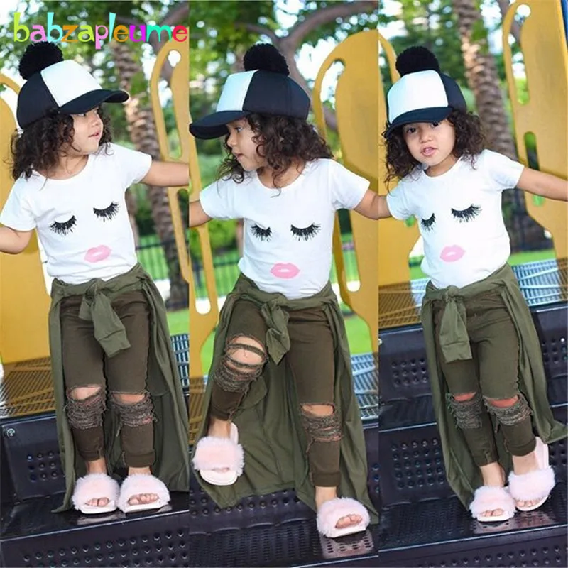 

2Piece 1-5Years 2019 Baby Summer Outfits Toddler Girls Clothes Fashion Cotton T-shirt+Hole Pants Children Clothing Sets BC1432-1