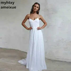 Новое поступление, неформальное платье невесты 2022, шифоновое простое дешевое свадебное платье на бретелях-спагетти с кружевной аппликацией