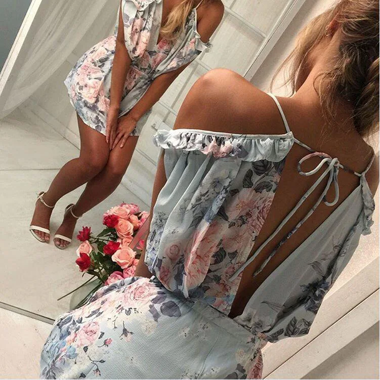 Floral V-Neck jumpsuit women romper summer backless bandage loose lady Shorts beach lace up coveralls female frock | Женская одежда