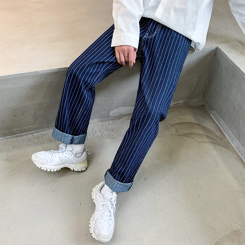 

2019 Men's Brand Stripe Printing Wide Leg Pants Tide Haren Pants Leisure Cargo Pocket Jeans Baggy Homme Mens Trousers Size M-3XL