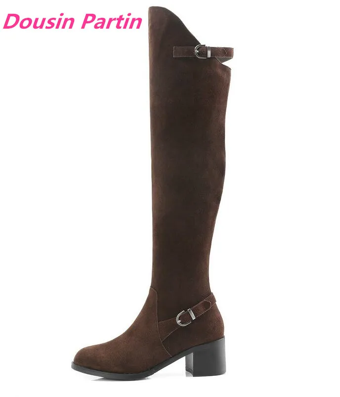 Dousin Partin Women Knee High Boots Winter Shoes Square Heel All Match Solid Black | Обувь