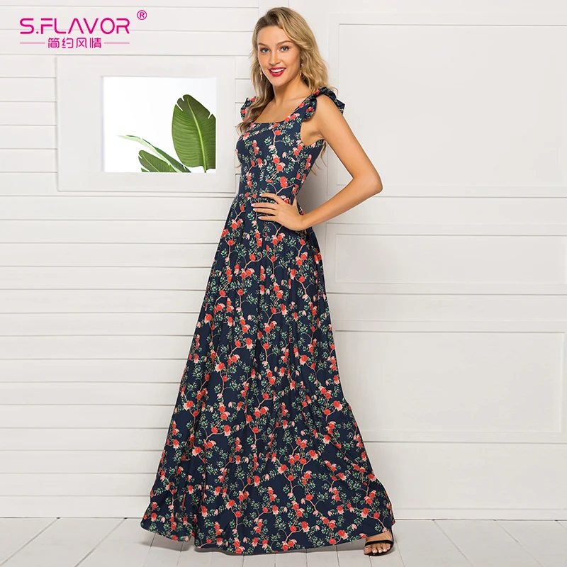 S.FLAVOR модное длинное платье в богемном стиле с квадратным воротником сексуальное