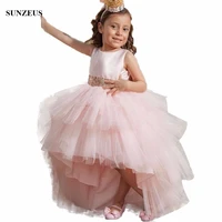pale pink high low ruffles tulle flower girl dress 2020 new party gowns short front long back children dress with sequins flg020