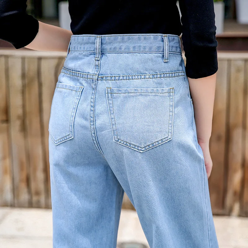 Xisteps 2020 New Arrival Women Autumn High Waist No Stretch Loose Jeans Girl Fall Wide Leg Straight Long Trousers Plus Size