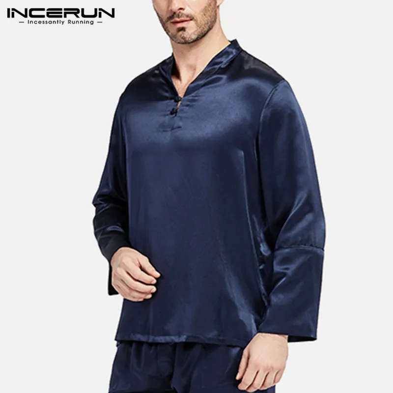 INCERUN Plus Size Silk Satin Men Payamas Sleep Tops Long Sleeve V-neck Tee Shirt Solid Color Fashion Homewear Soft Men Sleepwear