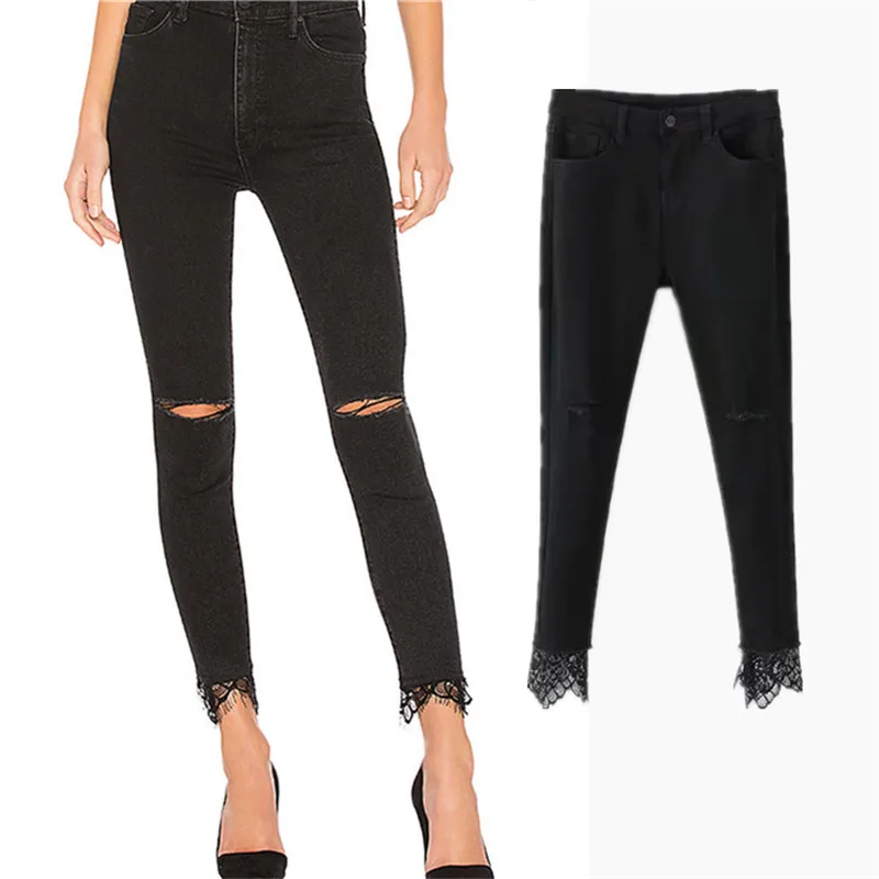 New Bursting Women's Jean High Waist Lace Elastic Black Denim with Hole Woman Trousers Long Pants Female Clothing |