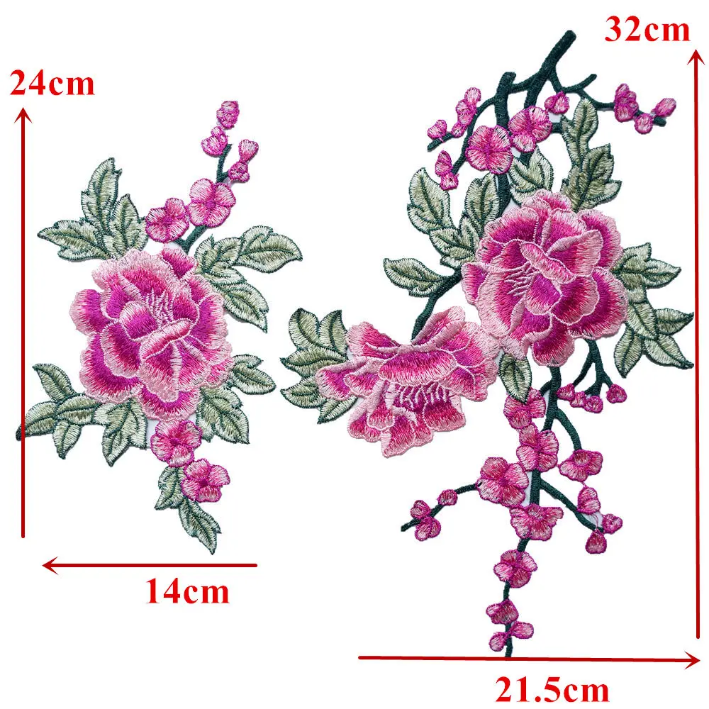2 шт. аппликации из ткани с вышитыми листьями и розовыми пионами для вечернего