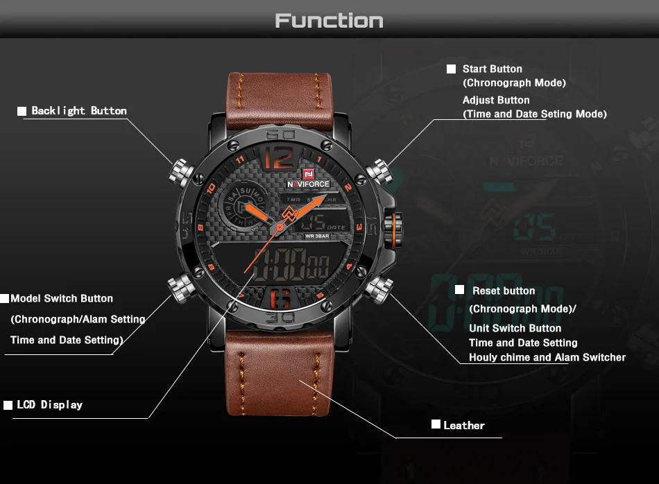NAVIFORCE/Роскошные Брендовые мужские часы s, мужские кожаные спортивные часы, мужские Кварцевые светодиодный цифровые часы, водонепроницаемые военные наручные часы