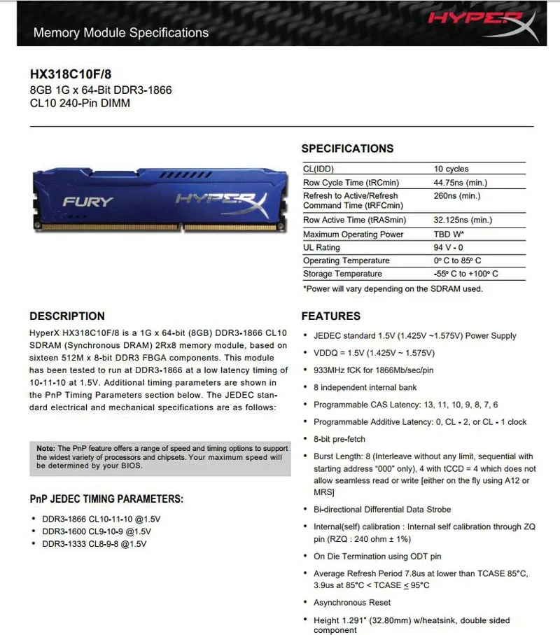 Kingston technology Hyperx Fury, 1 шт., 8 ГБ, 1866 МГц, DDR3, карта памяти, оперативная память для настольного компьютера, игровая синяя оперативная память S, Прямая поставка