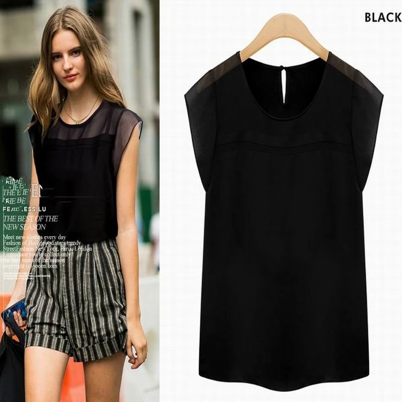 Для женщин блузка Комбинации черный белый цвет шифон короткий рукав пикантные