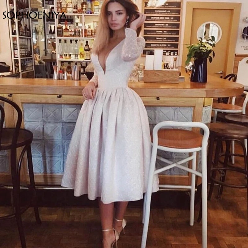 

New Arrival V Neck Long sleeve evening dresses 2021 Dubai Arabic short evening dress abiye elbise Evening gown robe de soiree