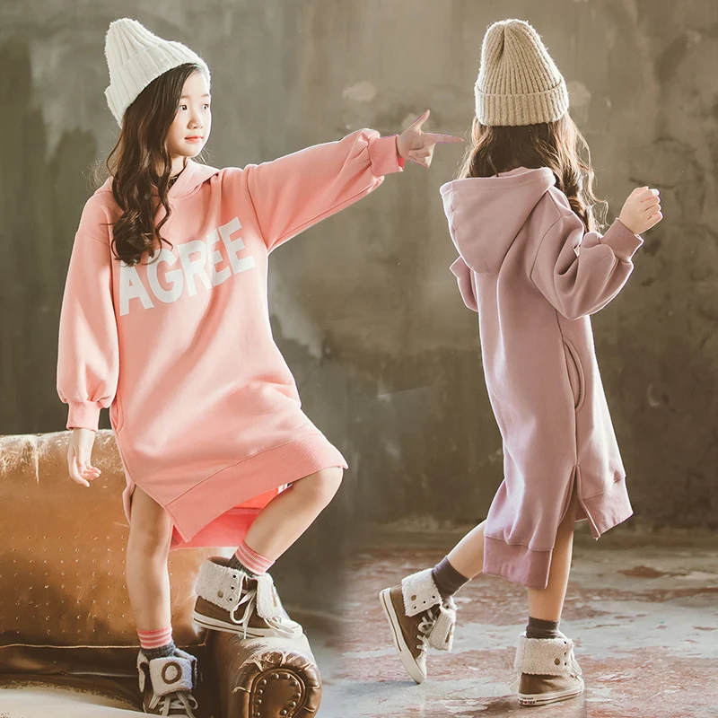 Kids Girls Fleece Dress Fall Winter 2020 Big Long Sleeve Thick Hoodie Dresses Casual Hooded Coat Clothes | Детская одежда и обувь