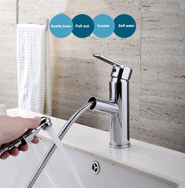 

High Quality Single Hole Chrome Hot Cold Bathroom Faucet Pull Out Water Tap Mixer with Spray