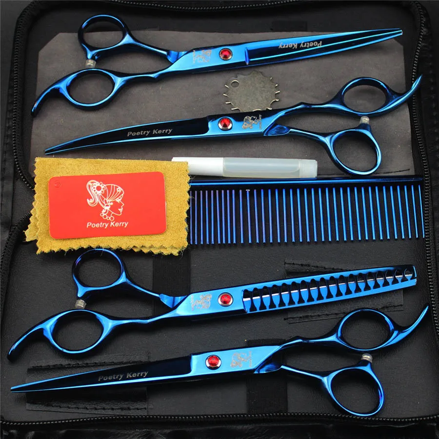 blue 7,0 дюймов профессиональные ножницы для домашних животных, ножницы для стрижки кошек и собак, набор ножницы для резки и изогнутой и акулы, филировочные ножницы со стальным чехлом-гребнем - Цвет: blue