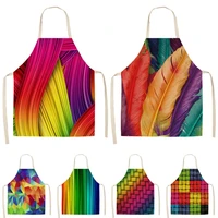 1pcs rainbow colorful geometric kitchen apron for women cotton linen bib household cleaning pinafore cooking apron 5365cm q0001