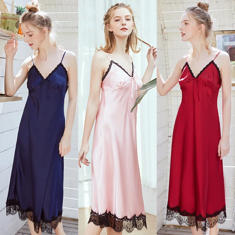 

Women Long Satin Sexy Nightwear Silk Lace Sleepwear Spaghetti Strap Sleepshirts Pink Nightdress Lingerie Night Wear Dress Gown