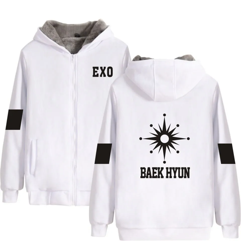 EXO Kpop логотип зимние теплые хлопковые Толстовки на молнии для женщин корейский