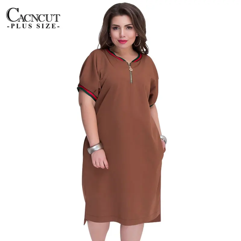 Прямые женские платья CACNCUT 5XL 6XL 2020 размера плюс с молнией и круглым вырезом летнее