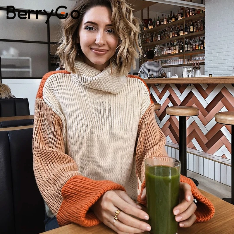 BerryGo водолазкаПовседневная пуловер джемпер Лоскутная водолазка женские с