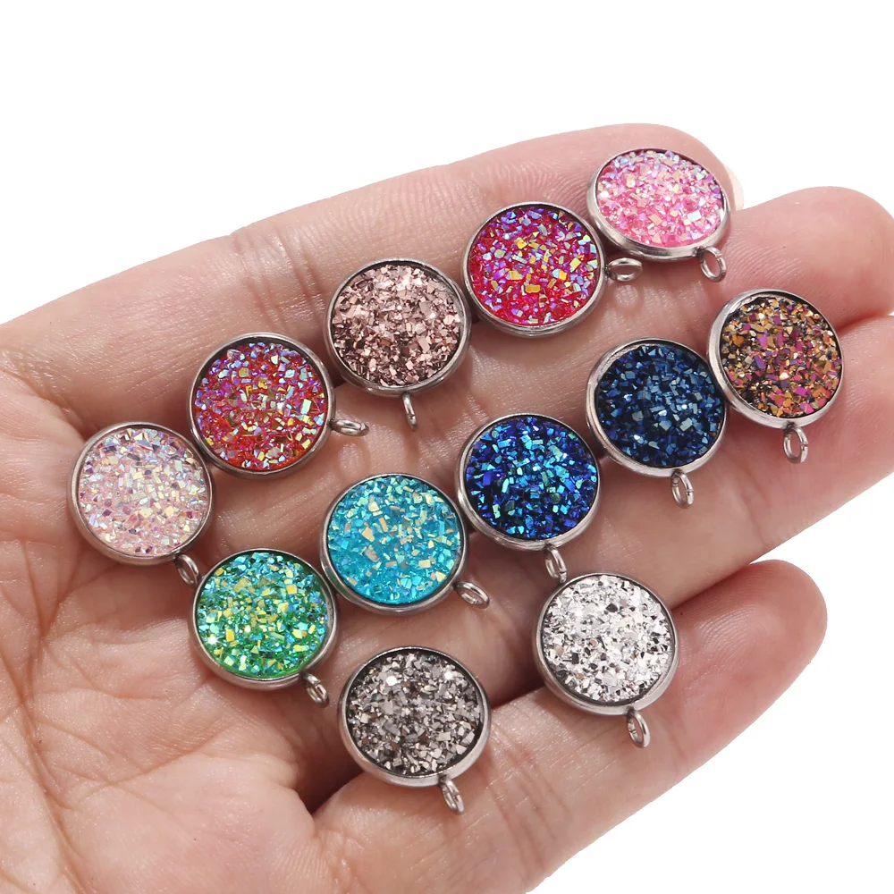 40pcs 12mm Stainless Steel Dull Silver Tone Resin Druzy Jewelry Findings Components with Loop for Earring Making Stud Posts