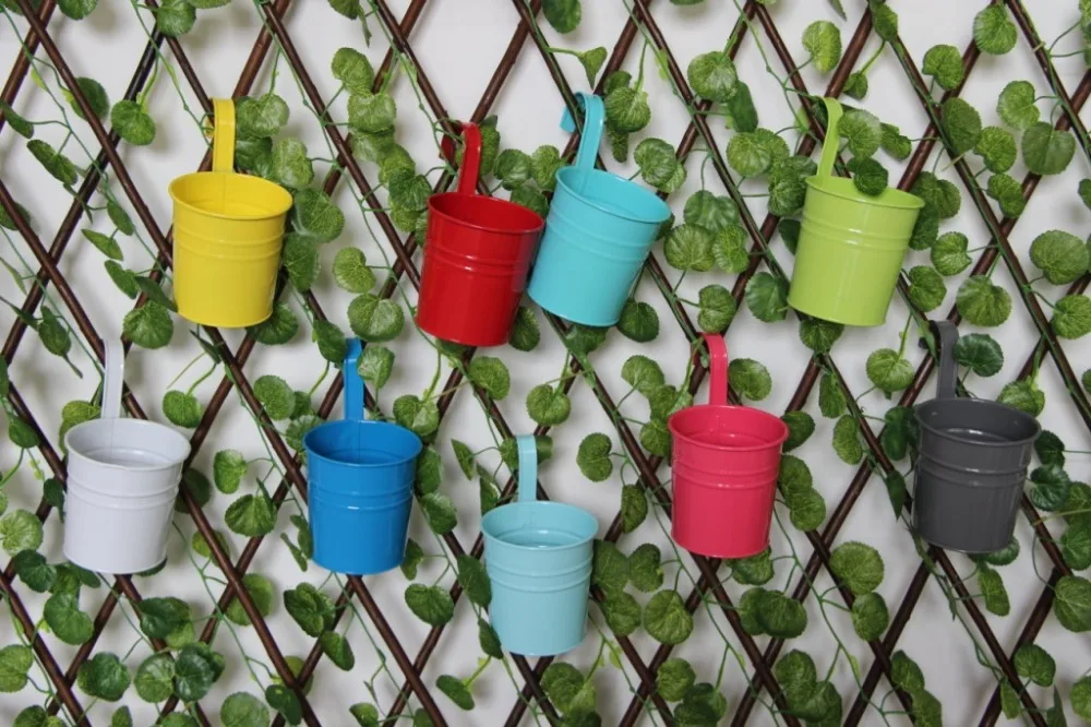 10Pcs Removable Hook Wall Fence Bonsai Flower Tub Pots Candy Color Iron Bucket Tin Garden Balcony Hanging Succulent Basket 2020 | Дом и сад