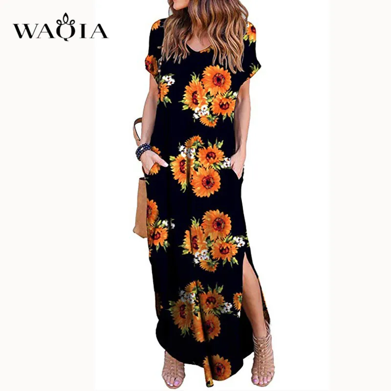 WAQIA 2019 женское летнее платье с цветочным принтом повседневное длинное коротким
