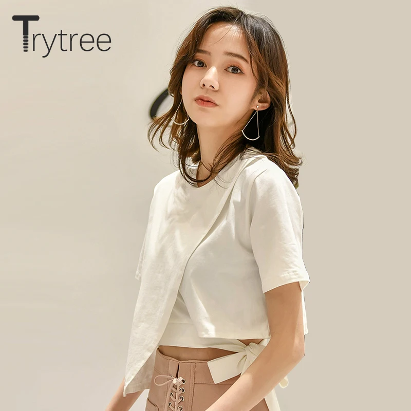 Trytree Летняя Повседневная Женская Однотонная футболка с круглым вырезом Женский