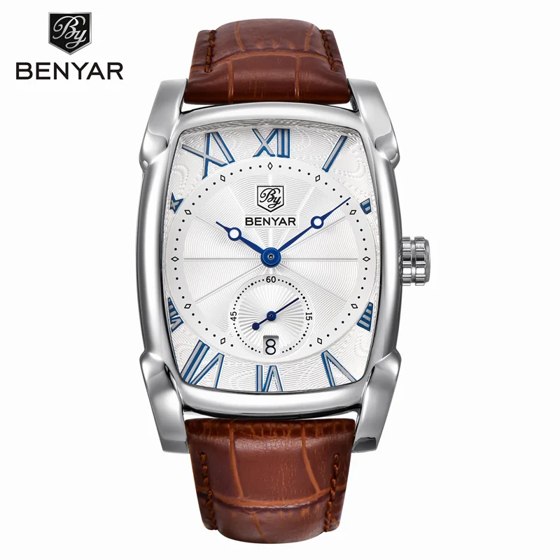 Silver Brown No Box Мужские наручные часы BENYAR, мужские часы, Лидирующий бренд, Роскошные Кварцевые часы Montre Homme, кожа, военные водонепроницаемые спортивные мужские часы - Цвет: Silver Brown No Box