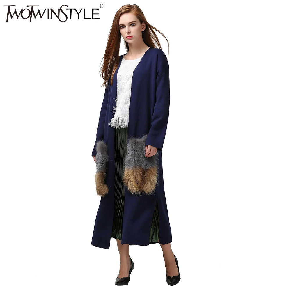 [TWOTWINSTYLE] осенний прикрепляемый натуральный мех Карманы длинный кардиган пальто