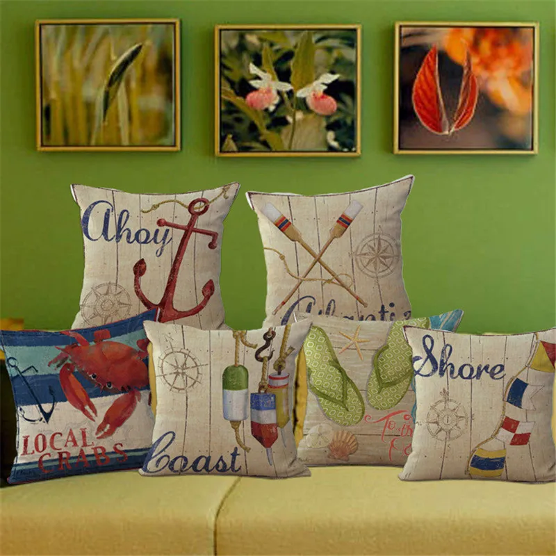 

Linen Mediterranean Furnishing Sailor Sea Anchor Pillow Case Paddle Lobster Crab Pillow Cushion Nautical
