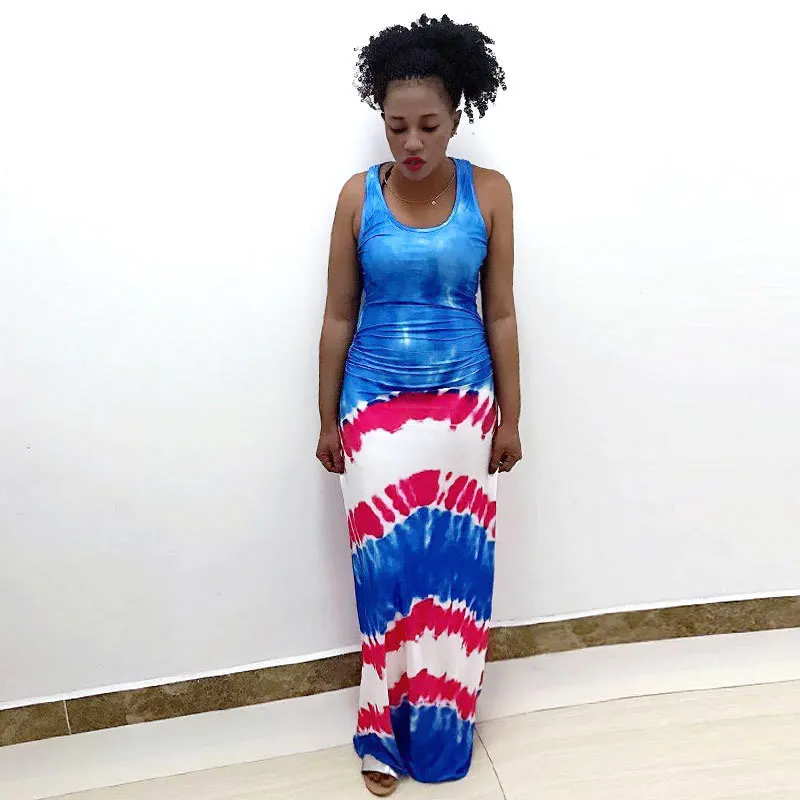 

Women's Fashion New Plant African Dress Slim Splice Vest Long Dress