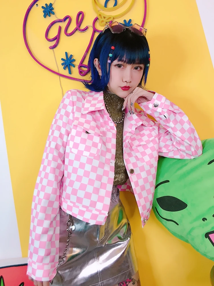Harajuku ветер решетки девушка сердце розовый Короткие издание лацкан рано Новинка