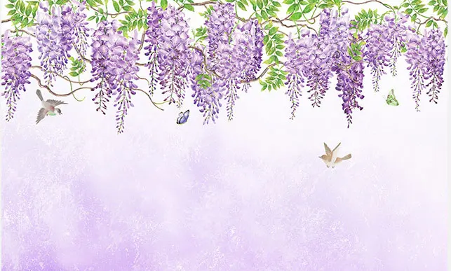 Настенные 3D-обои Bacaz с ручным Рисунком Птиц бабочек фиолетовых цветов фоновые