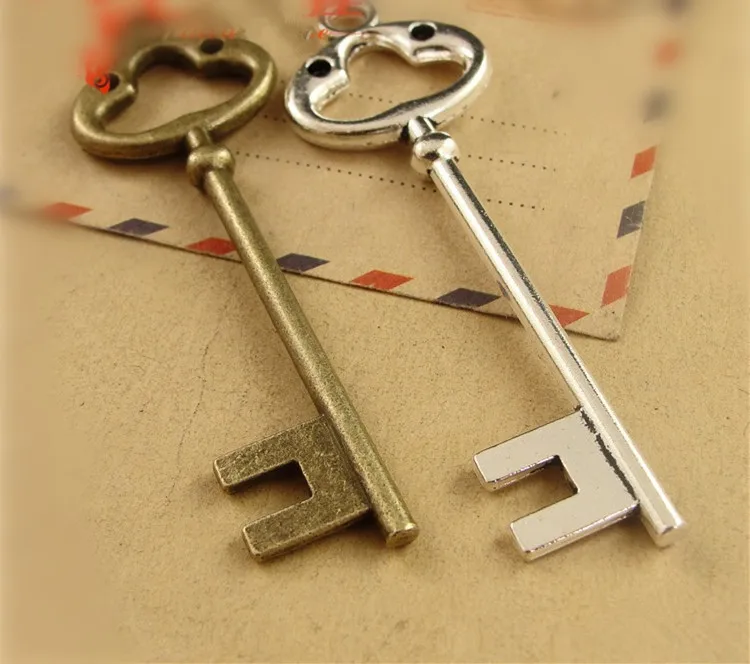 

(30 pieces/lot) 79*25MM antique bronze/silver color metal zinc alloy vintage style key pendants charm hd829