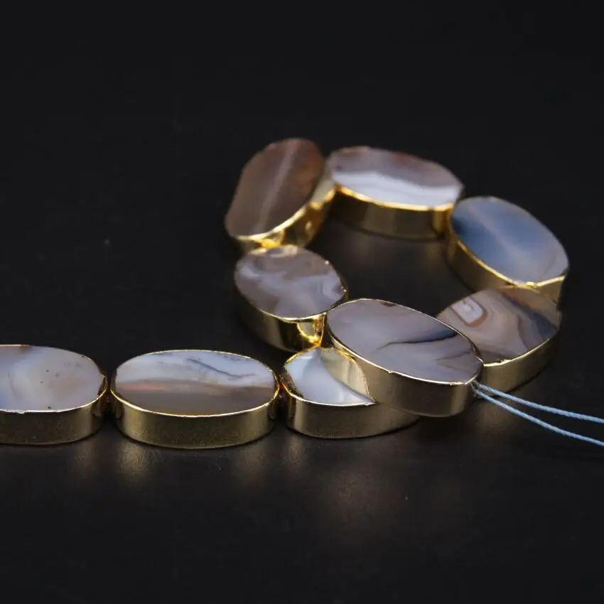 11pcs Natural Grey Marine Agates Flat Oval Slice Beads Plating Gold Edged Gems Stone Slab Pendants Bracelets Jewelry Making | Украшения и