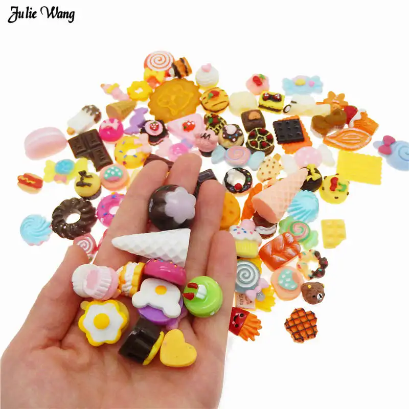 

Julie Wang 100pcs Assorted Resin Dessert Cookie Cake Bread Candy Ice cream Lollipops Cabochons Slime Charm Flatback Pendant DIY