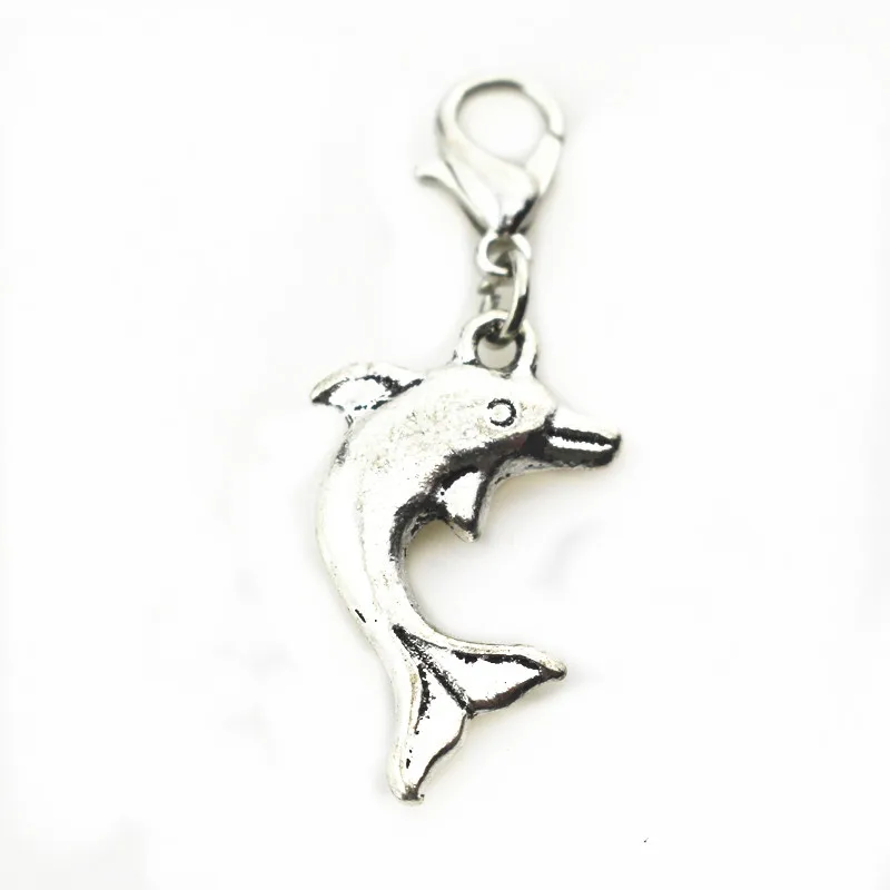 

30pcs/lot silver dolphin dangle charm with lobster clasp hanging charms pendant/bracelet accessories floating charms diy jewelry
