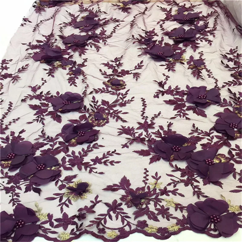 Latest Magenta African Lace Fabric 2019 Popular Beaded Tulle Fabrics 3d Flowers Net for Wedding Party Dress | Дом и сад