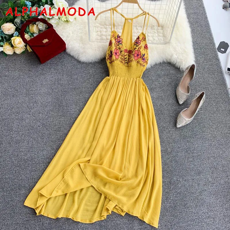 Женское богемное пляжное платье ALPHALMODA с цветочной вышивкой и V образным вырезом